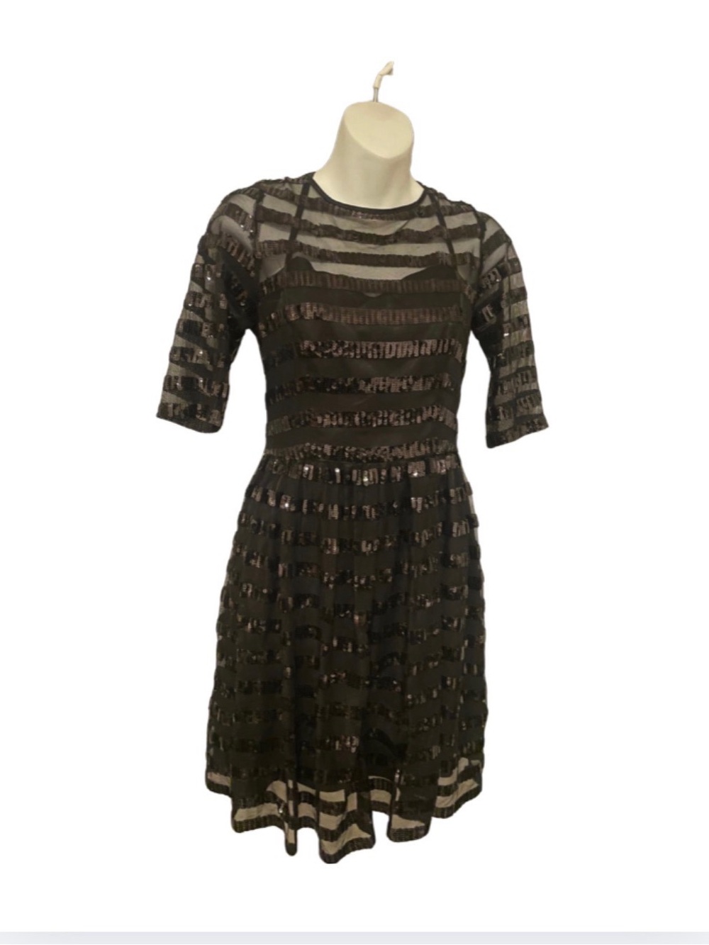 Max & Cleo Black Sheer Stripe Sequin Fit-and-Flare Dress